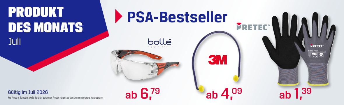 PSA-Bestseller, Pretec Montagehandschuh, bollé Bügelbrille, 3M Bügelgehörschützer